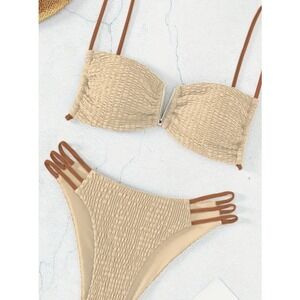 Mid-rise Smocked V-Wire String Bikini in Khadi Medium